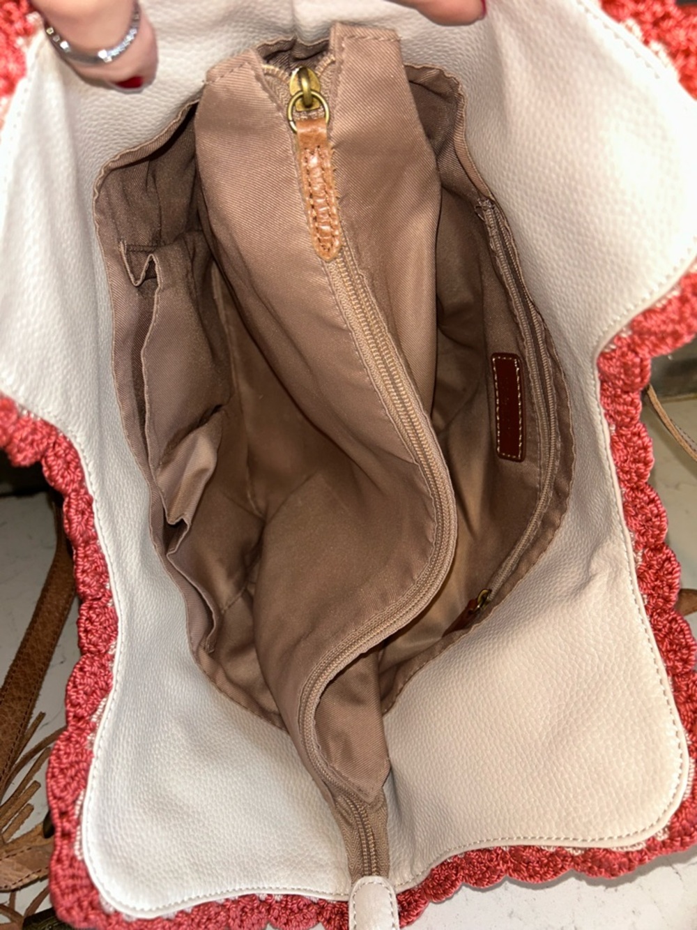 The Sak White Leather Shoulder Bag with Pink Embroidered Trim and Tan Braiding - Picture 13 of 16